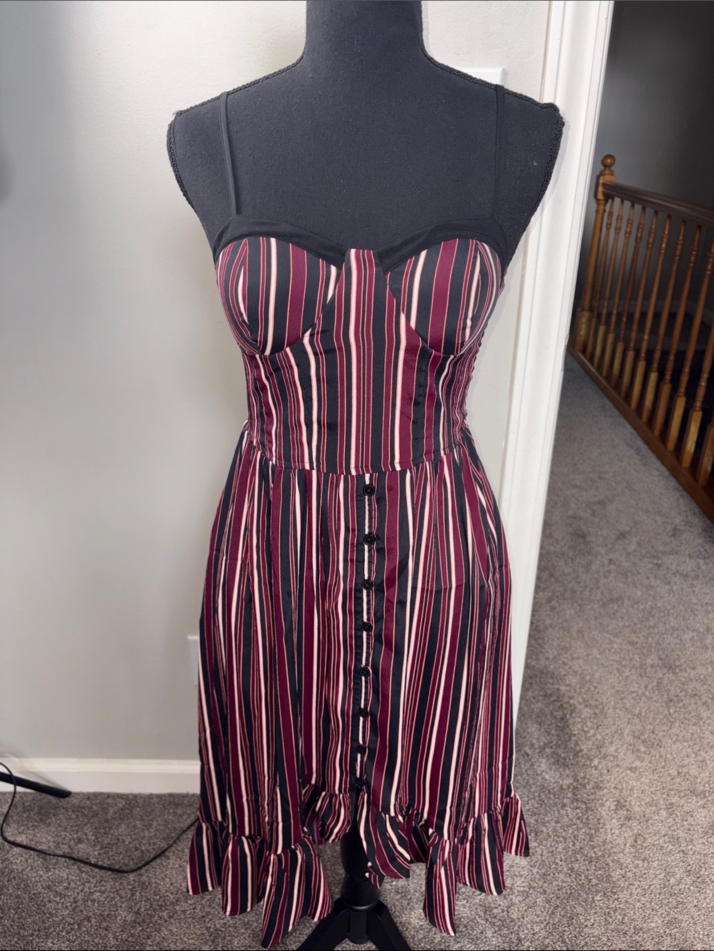 B.O.G Collective Striped Bustier Midi Dress in Burgundy and Black